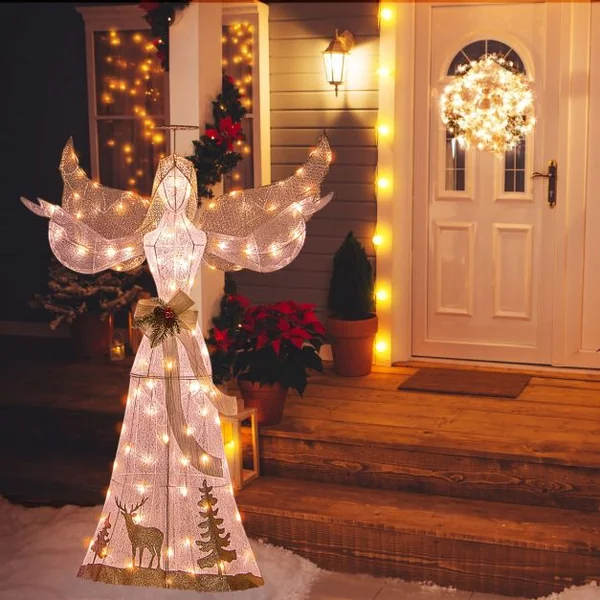 Ange de Noël Extérieur Éclairé 150 cm Ange en 3D Pailleté Pré-Illuminé avec 100 Lumières Halo Noeud Piquets de Sol