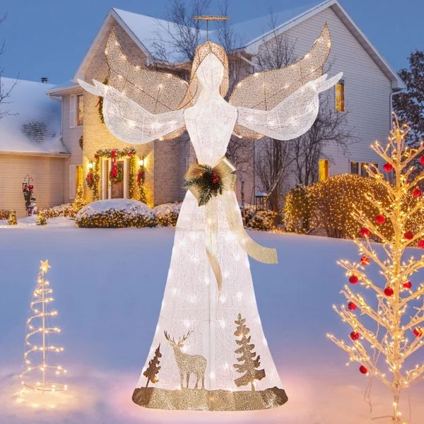 Ange de Noël Extérieur Éclairé 150 cm Ange en 3D Pailleté Pré-Illuminé avec 100 Lumières Halo Noeud Piquets de Sol