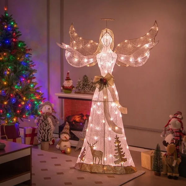 Ange de Noël Extérieur Éclairé 150 cm Ange en 3D Pailleté Pré-Illuminé avec 100 Lumières Halo Noeud Piquets de Sol