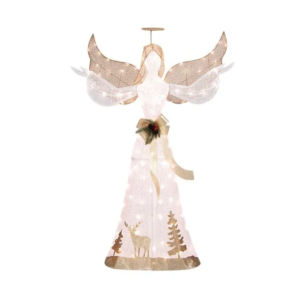 Ange de Noël Extérieur Éclairé 150 cm Ange en 3D Pailleté Pré-Illuminé avec 100 Lumières Halo Noeud Piquets de Sol