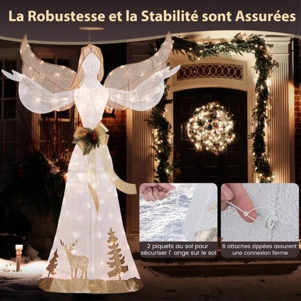 Ange de Noël Extérieur Éclairé 150 cm Ange en 3D Pailleté Pré-Illuminé avec 100 Lumières Halo Noeud Piquets de Sol