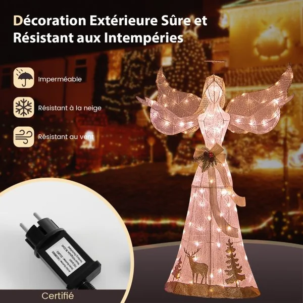 Ange de Noël Extérieur Éclairé 150 cm Ange en 3D Pailleté Pré-Illuminé avec 100 Lumières Halo Noeud Piquets de Sol