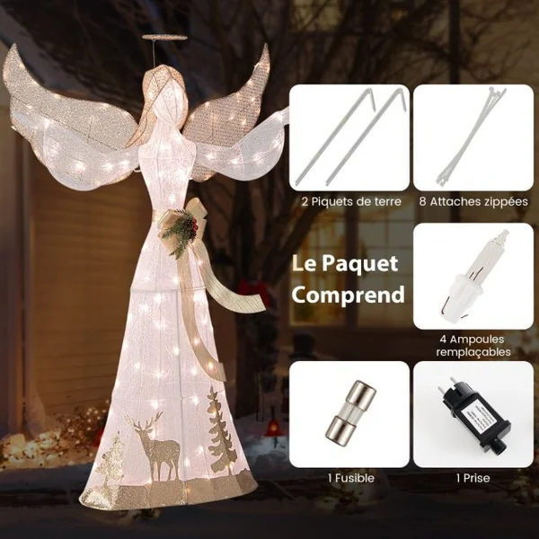 Ange de Noël Extérieur Éclairé 150 cm Ange en 3D Pailleté Pré-Illuminé avec 100 Lumières Halo Noeud Piquets de Sol