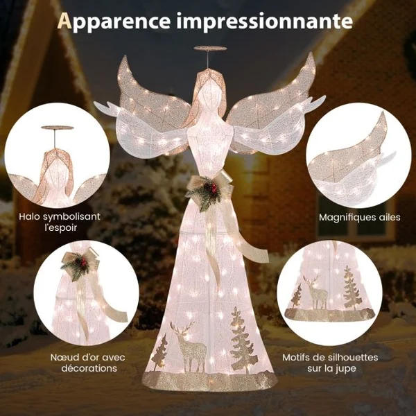Ange de Noël Extérieur Éclairé 150 cm Ange en 3D Pailleté Pré-Illuminé avec 100 Lumières Halo Noeud Piquets de Sol