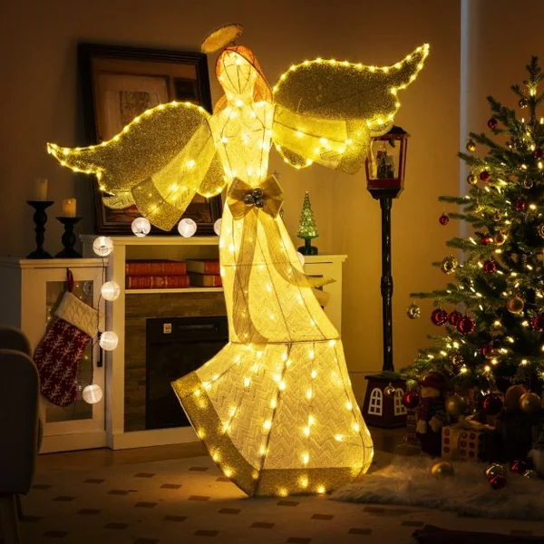 Ange de Noël Extérieur Éclairé 160 cm Ange Pré-Illuminé avec Halo Ailes et 180 Lumières LED Blanc Chaud Piquets de Sol Attaches Zippées