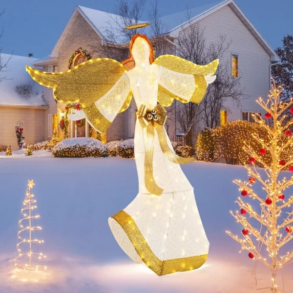 Ange de Noël Extérieur Éclairé 160 cm Ange Pré-Illuminé avec Halo Ailes et 180 Lumières LED Blanc Chaud Piquets de Sol Attaches Zippées