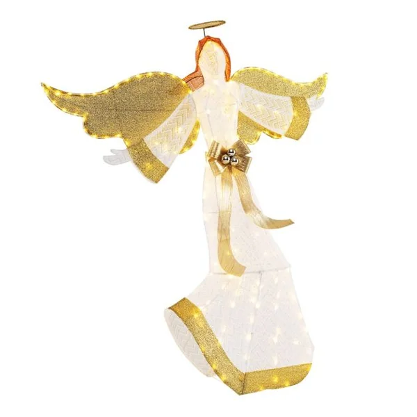 Ange de Noël Extérieur Éclairé 160 cm Ange Pré-Illuminé avec Halo Ailes et 180 Lumières LED Blanc Chaud Piquets de Sol Attaches Zippées