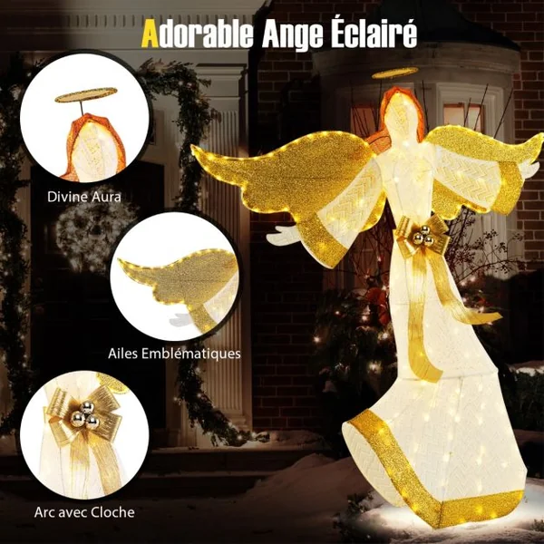 Ange de Noël Extérieur Éclairé 160 cm Ange Pré-Illuminé avec Halo Ailes et 180 Lumières LED Blanc Chaud Piquets de Sol Attaches Zippées