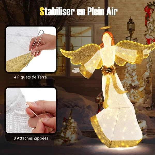 Ange de Noël Extérieur Éclairé 160 cm Ange Pré-Illuminé avec Halo Ailes et 180 Lumières LED Blanc Chaud Piquets de Sol Attaches Zippées