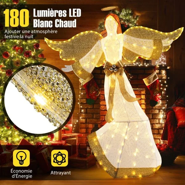 Ange de Noël Extérieur Éclairé 160 cm Ange Pré-Illuminé avec Halo Ailes et 180 Lumières LED Blanc Chaud Piquets de Sol Attaches Zippées