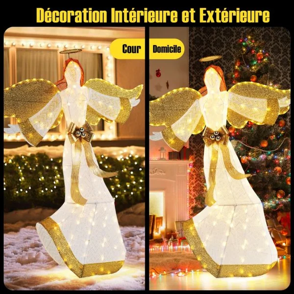 Ange de Noël Extérieur Éclairé 160 cm Ange Pré-Illuminé avec Halo Ailes et 180 Lumières LED Blanc Chaud Piquets de Sol Attaches Zippées