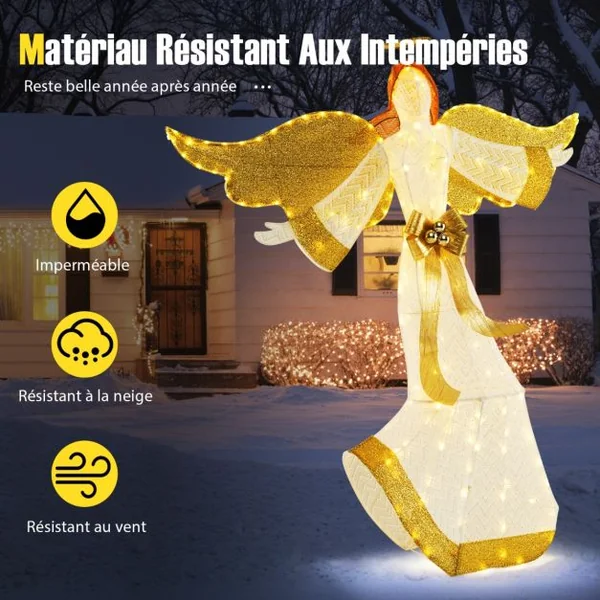 Ange de Noël Extérieur Éclairé 160 cm Ange Pré-Illuminé avec Halo Ailes et 180 Lumières LED Blanc Chaud Piquets de Sol Attaches Zippées