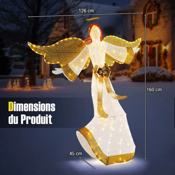 Ange de Noël Extérieur Éclairé 160 cm Ange Pré-Illuminé avec Halo Ailes et 180 Lumières LED Blanc Chaud Piquets de Sol Attaches Zippées