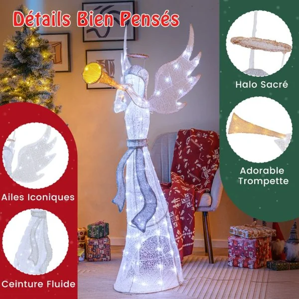 Ange de Noël Illuminé pour l’Intérieur et l’Extérieur avec 100 Lumières LED Ange de Noël Pré-éclairé Etanche IP44 Ange de Noël Lumineux