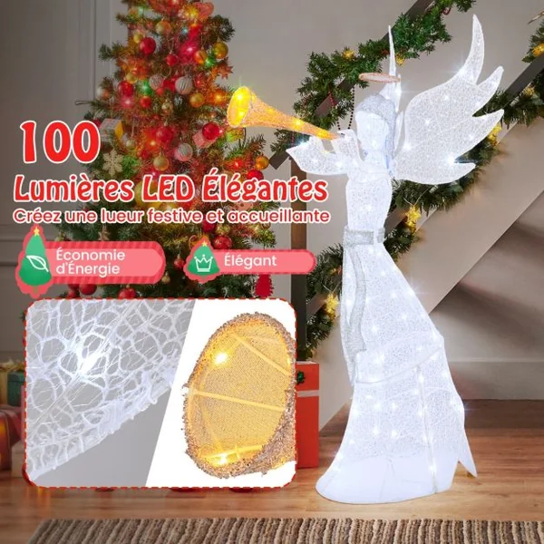 Ange de Noël Illuminé pour l’Intérieur et l’Extérieur avec 100 Lumières LED Ange de Noël Pré-éclairé Etanche IP44 Ange de Noël Lumineux
