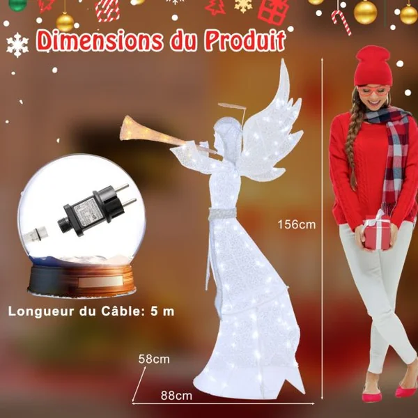 Ange de Noël Illuminé pour l’Intérieur et l’Extérieur avec 100 Lumières LED Ange de Noël Pré-éclairé Etanche IP44 Ange de Noël Lumineux