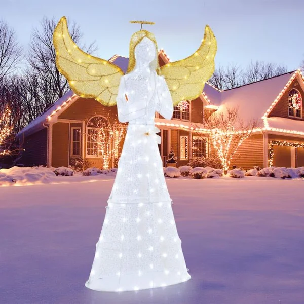 Ange Festif Pré-éclairé de 5M Ange Illuminé avec Halo Ailes et 150 Lumières LED Figurine de Noël avec Attaches Zippées et Piquets de Sol
