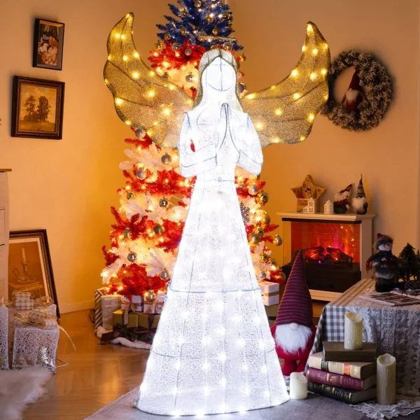 Ange Festif Pré-éclairé de 5M Ange Illuminé avec Halo Ailes et 150 Lumières LED Figurine de Noël avec Attaches Zippées et Piquets de Sol