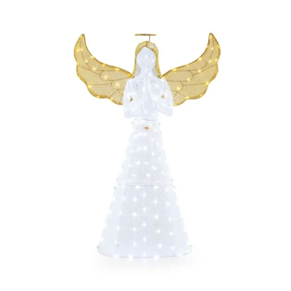 Ange Festif Pré-éclairé de 5M Ange Illuminé avec Halo Ailes et 150 Lumières LED Figurine de Noël avec Attaches Zippées et Piquets de Sol