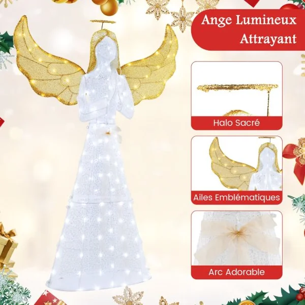 Ange Festif Pré-éclairé de 5M Ange Illuminé avec Halo Ailes et 150 Lumières LED Figurine de Noël avec Attaches Zippées et Piquets de Sol
