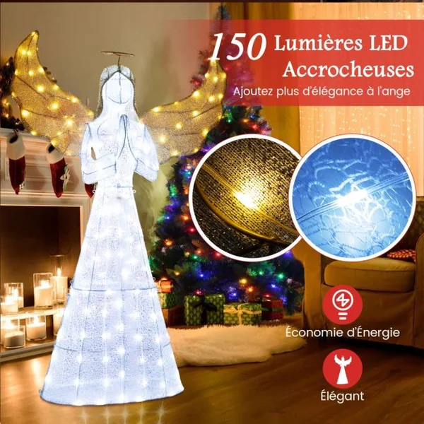 Ange Festif Pré-éclairé de 5M Ange Illuminé avec Halo Ailes et 150 Lumières LED Figurine de Noël avec Attaches Zippées et Piquets de Sol