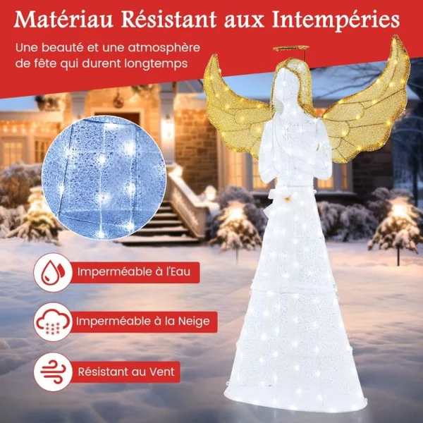 Ange Festif Pré-éclairé de 5M Ange Illuminé avec Halo Ailes et 150 Lumières LED Figurine de Noël avec Attaches Zippées et Piquets de Sol