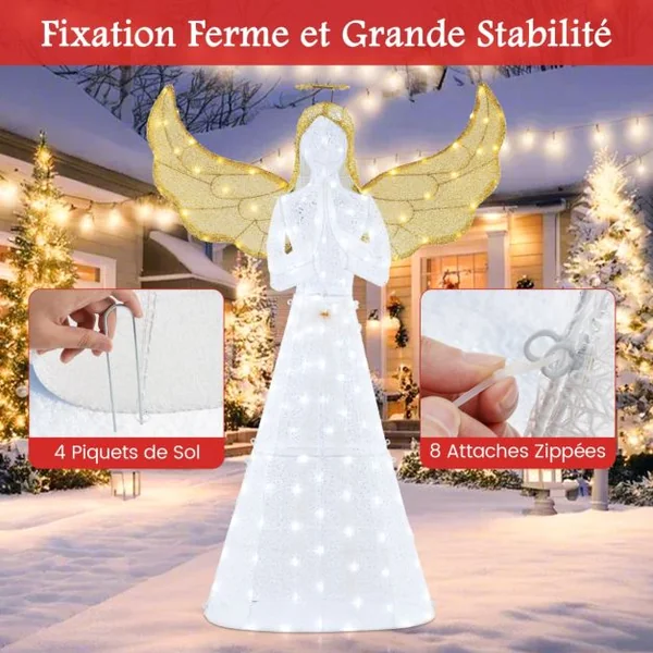 Ange Festif Pré-éclairé de 5M Ange Illuminé avec Halo Ailes et 150 Lumières LED Figurine de Noël avec Attaches Zippées et Piquets de Sol