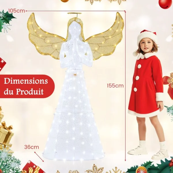 Ange Festif Pré-éclairé de 5M Ange Illuminé avec Halo Ailes et 150 Lumières LED Figurine de Noël avec Attaches Zippées et Piquets de Sol