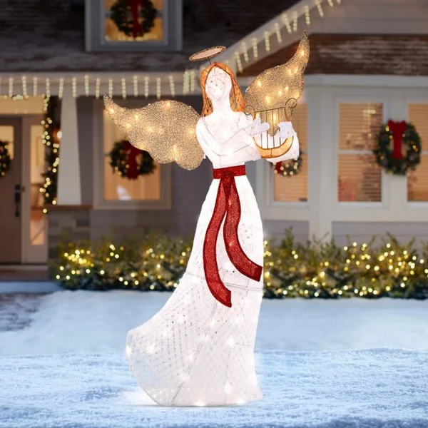 Ange Lumineux avec Harpe Décoration de Noël Lumineuse avec 120 Lumières LED Halo Attaches Zippées Piquets de Sol Figurine Ailée Blanc