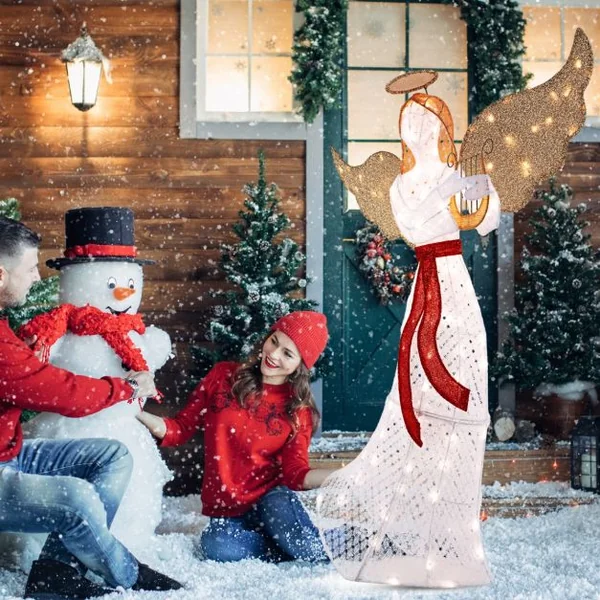 Ange Lumineux avec Harpe Décoration de Noël Lumineuse avec 120 Lumières LED Halo Attaches Zippées Piquets de Sol Figurine Ailée Blanc
