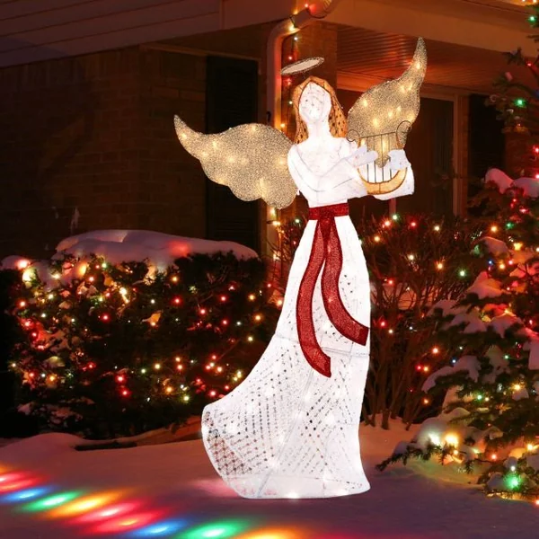 Ange Lumineux avec Harpe Décoration de Noël Lumineuse avec 120 Lumières LED Halo Attaches Zippées Piquets de Sol Figurine Ailée Blanc