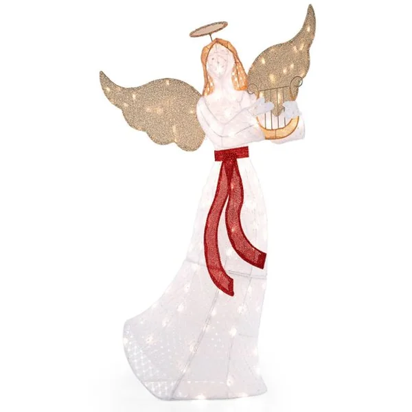 Ange Lumineux avec Harpe Décoration de Noël Lumineuse avec 120 Lumières LED Halo Attaches Zippées Piquets de Sol Figurine Ailée Blanc