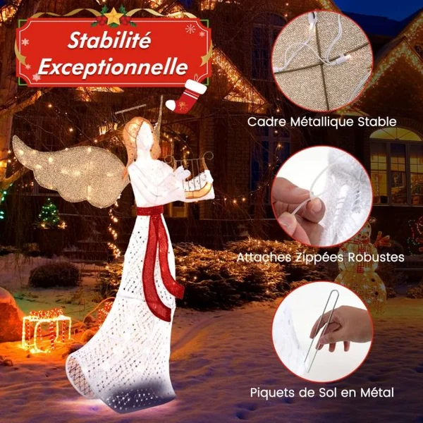 Ange Lumineux avec Harpe Décoration de Noël Lumineuse avec 120 Lumières LED Halo Attaches Zippées Piquets de Sol Figurine Ailée Blanc