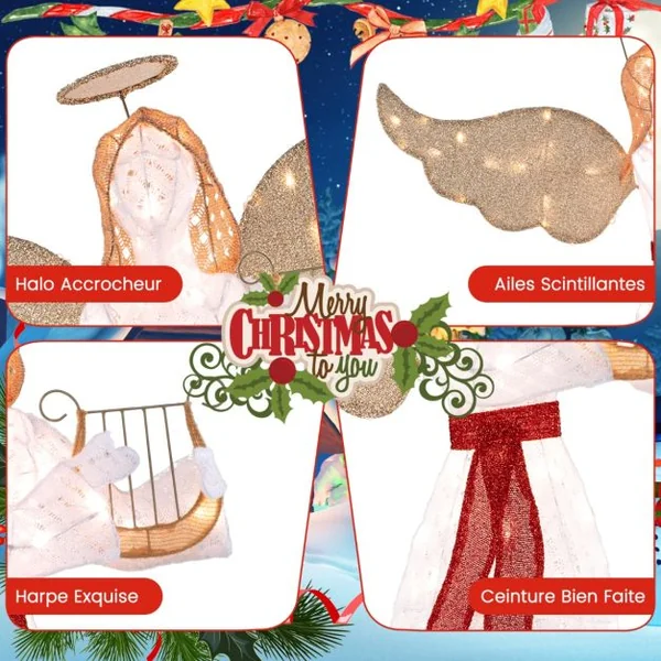 Ange Lumineux avec Harpe Décoration de Noël Lumineuse avec 120 Lumières LED Halo Attaches Zippées Piquets de Sol Figurine Ailée Blanc