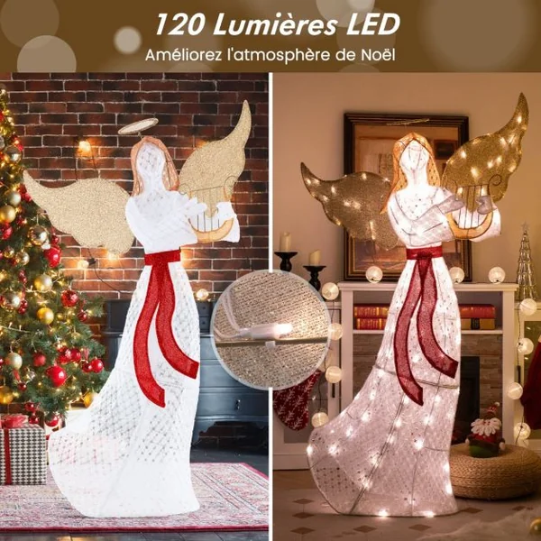 Ange Lumineux avec Harpe Décoration de Noël Lumineuse avec 120 Lumières LED Halo Attaches Zippées Piquets de Sol Figurine Ailée Blanc
