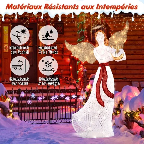Ange Lumineux avec Harpe Décoration de Noël Lumineuse avec 120 Lumières LED Halo Attaches Zippées Piquets de Sol Figurine Ailée Blanc