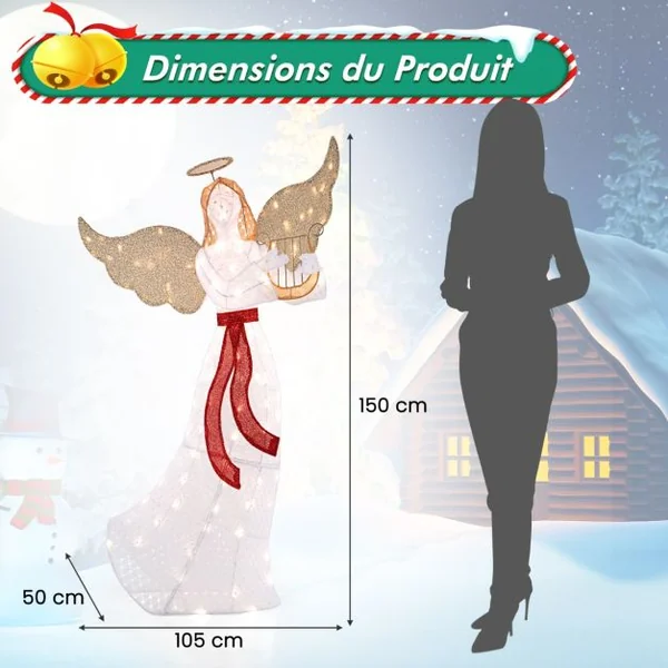 Ange Lumineux avec Harpe Décoration de Noël Lumineuse avec 120 Lumières LED Halo Attaches Zippées Piquets de Sol Figurine Ailée Blanc