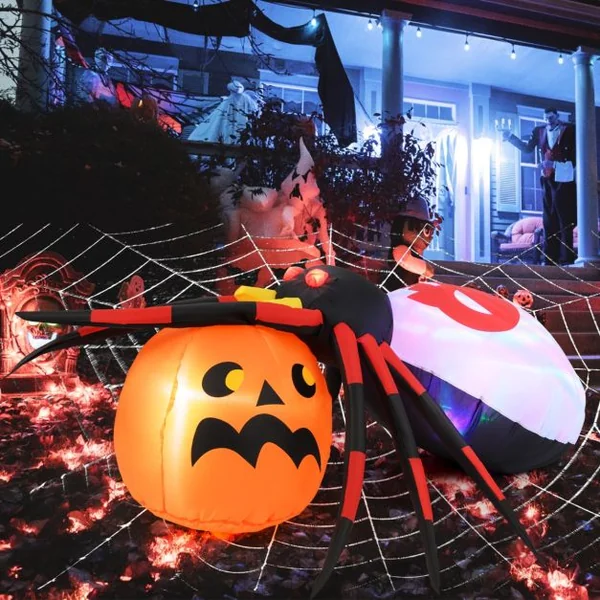 Araignée Gonflable avec Citrouille Décoration d'Halloween Eclairée par LED avec Lumière Rotative et Piquets Multicolore
