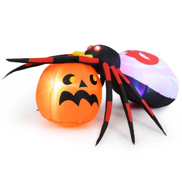 Araignée Gonflable avec Citrouille Décoration d'Halloween Eclairée par LED avec Lumière Rotative et Piquets Multicolore
