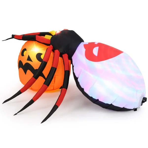 Araignée Gonflable avec Citrouille Décoration d'Halloween Eclairée par LED avec Lumière Rotative et Piquets Multicolore