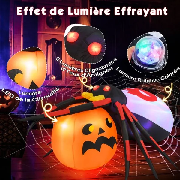 Araignée Gonflable avec Citrouille Décoration d'Halloween Eclairée par LED avec Lumière Rotative et Piquets Multicolore