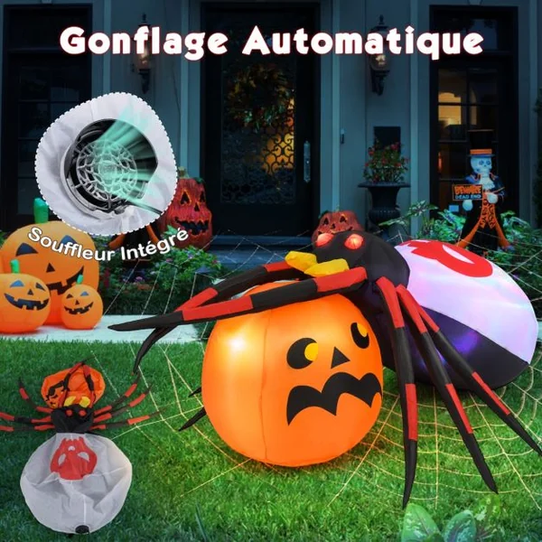 Araignée Gonflable avec Citrouille Décoration d'Halloween Eclairée par LED avec Lumière Rotative et Piquets Multicolore