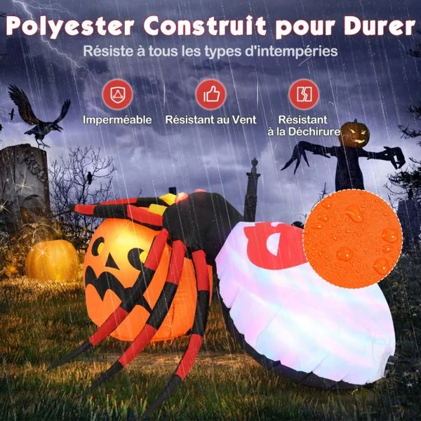 Araignée Gonflable avec Citrouille Décoration d'Halloween Eclairée par LED avec Lumière Rotative et Piquets Multicolore