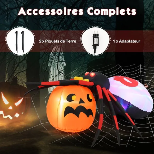 Araignée Gonflable avec Citrouille Décoration d'Halloween Eclairée par LED avec Lumière Rotative et Piquets Multicolore