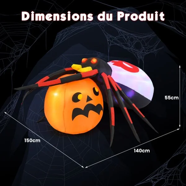 Araignée Gonflable avec Citrouille Décoration d'Halloween Eclairée par LED avec Lumière Rotative et Piquets Multicolore