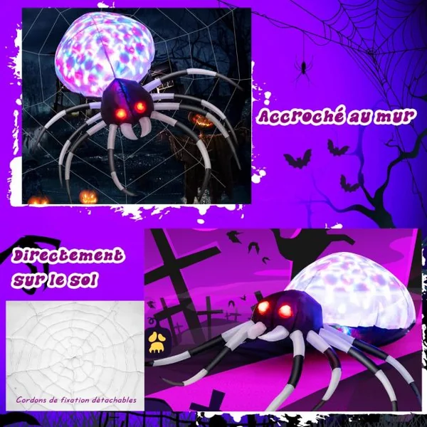 Araignée Gonflable Murale Halloween de 105 cm avec Lumières Multicolores et Gonfleur Intégré