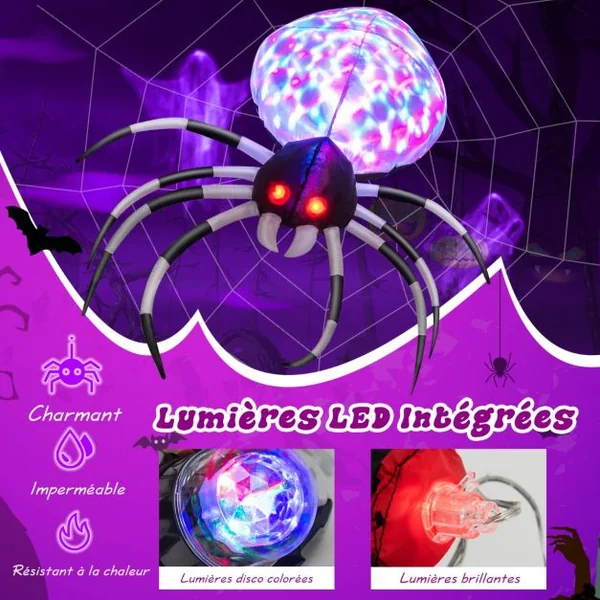 Araignée Gonflable Murale Halloween de 105 cm avec Lumières Multicolores et Gonfleur Intégré