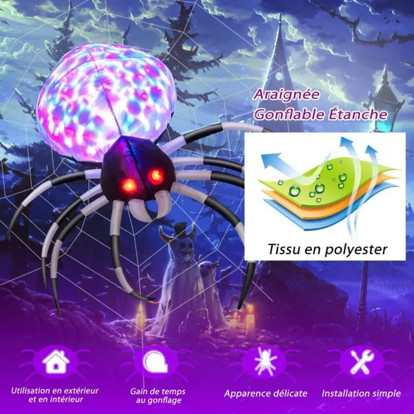 Araignée Gonflable Murale Halloween de 105 cm avec Lumières Multicolores et Gonfleur Intégré