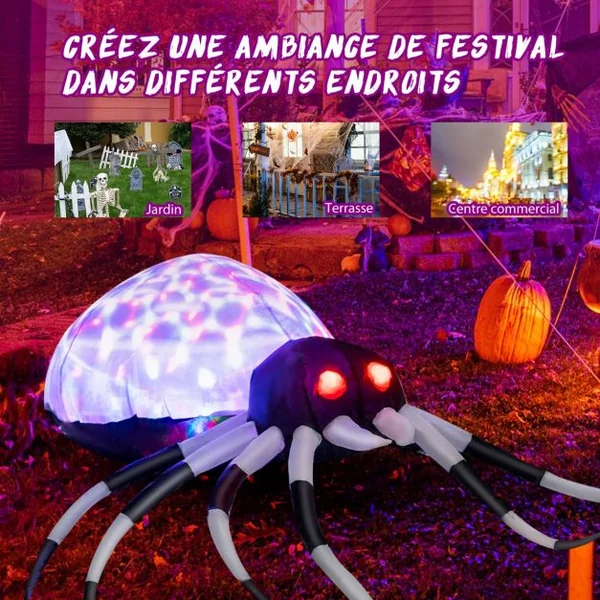 Araignée Gonflable Murale Halloween de 105 cm avec Lumières Multicolores et Gonfleur Intégré