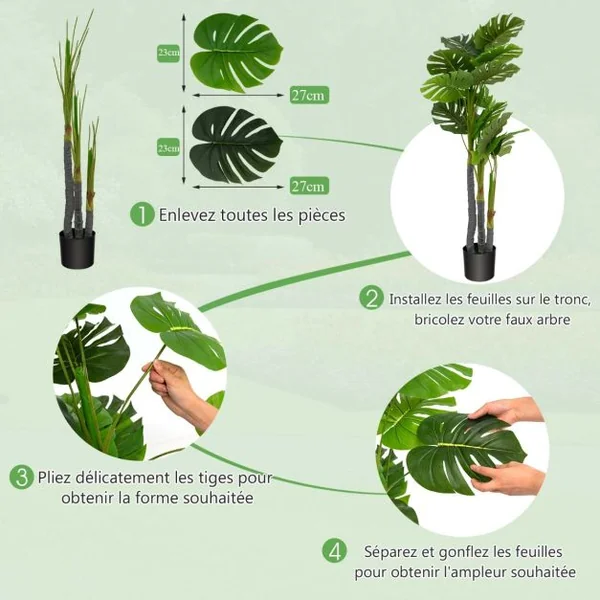 Arbre Artificiel 120cm avec Pot et 20 Feuilles Plante Faux Monstera Deliciosa pour Décoration Intérieur Exterieur Vert